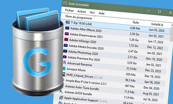 Windows デスクトップで Geek Uninstaller に長いプログラム一覧が表示されている様子