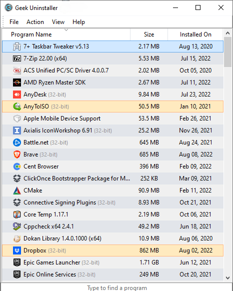 最近変更された項目が強調表示されたプログラム一覧